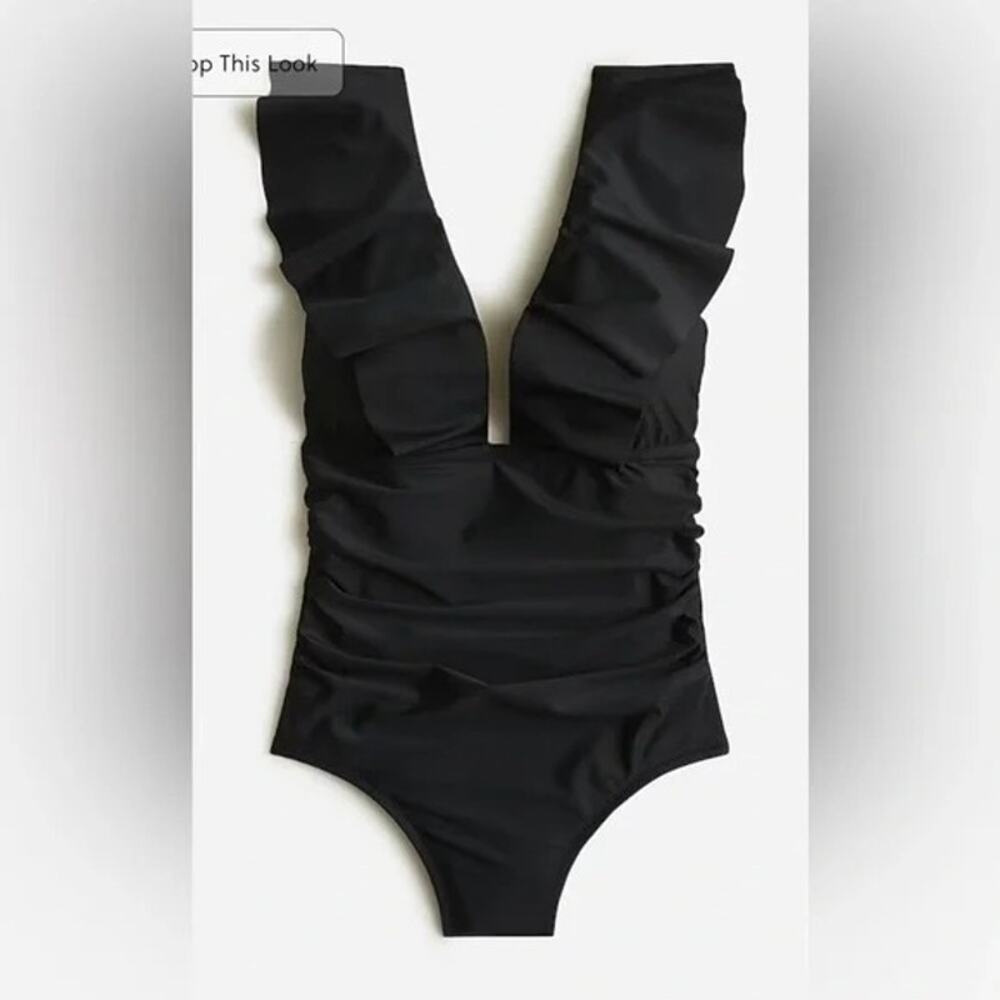 J. Crew Ruched Ruffle Shoulder V-neck One-Piece Swimsuit Black XXS‎